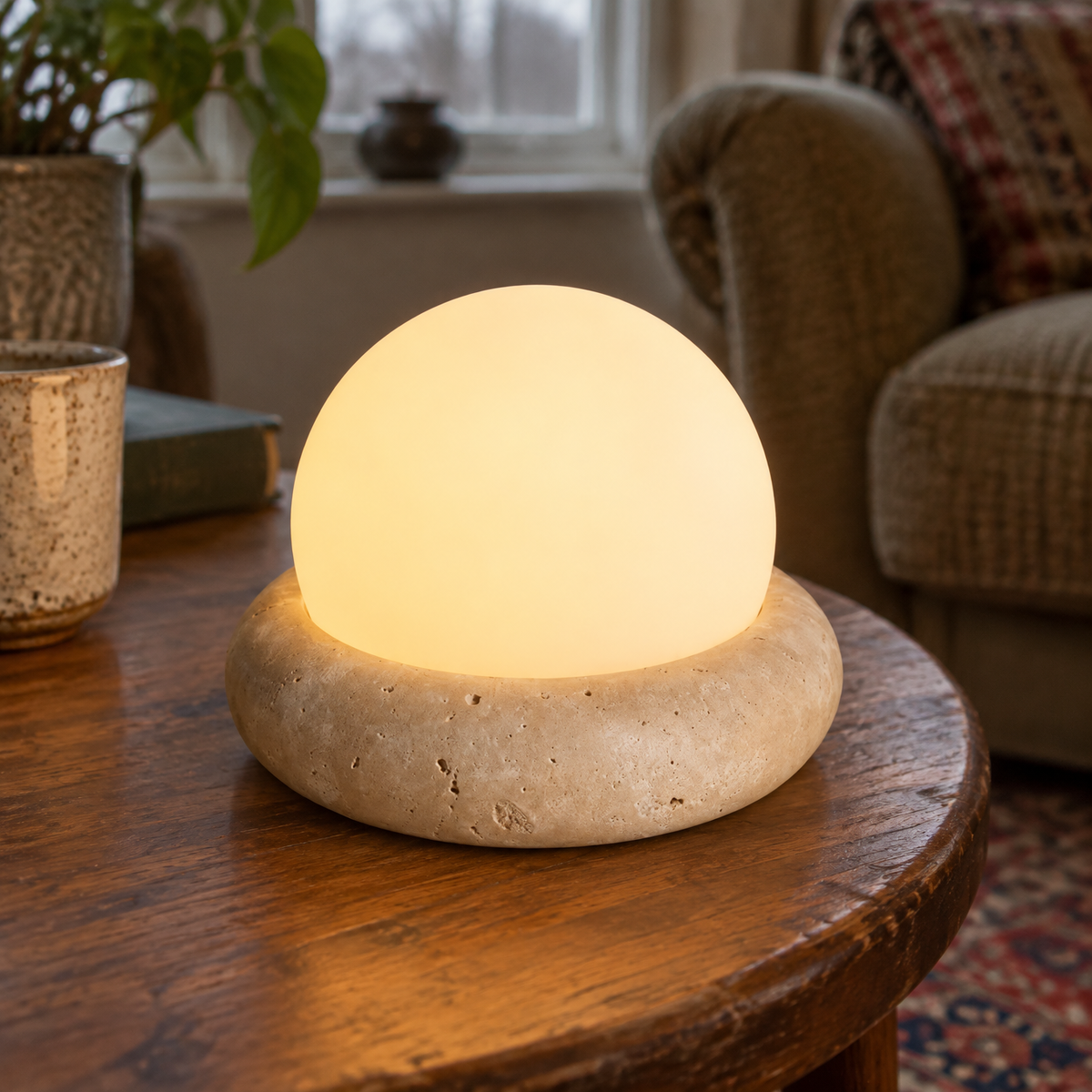 Small cordless travertine table lamp standing on a side table beside a worn armchair, stone base and white dome shade glowing amber