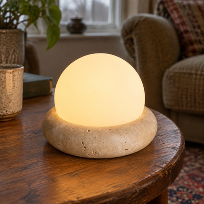 Small cordless travertine table lamp standing on a side table beside a worn armchair, stone base and white dome shade glowing amber
