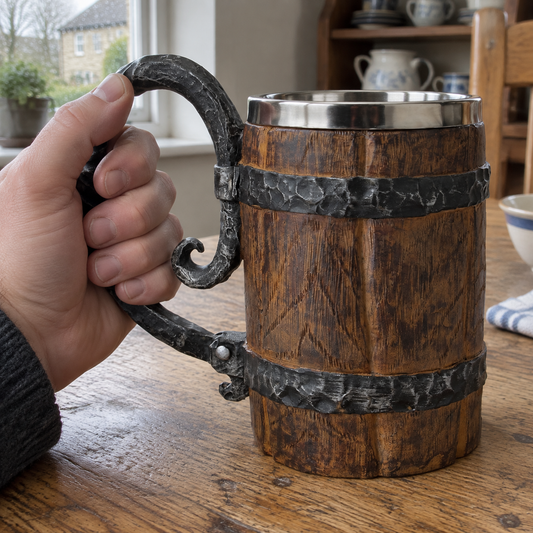 Rustic Viking double drinking mug held on a scrubbed oak kitchen table, dark riveted twin-bowl tankard with a hand resting on the handle
