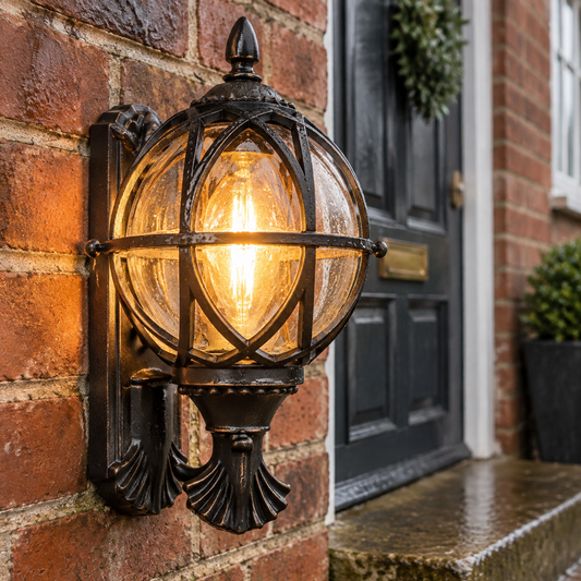 Vintage bird's nest outdoor wall lantern fixed to weathered red brickwork beside a front door, rain beading on its clear glass