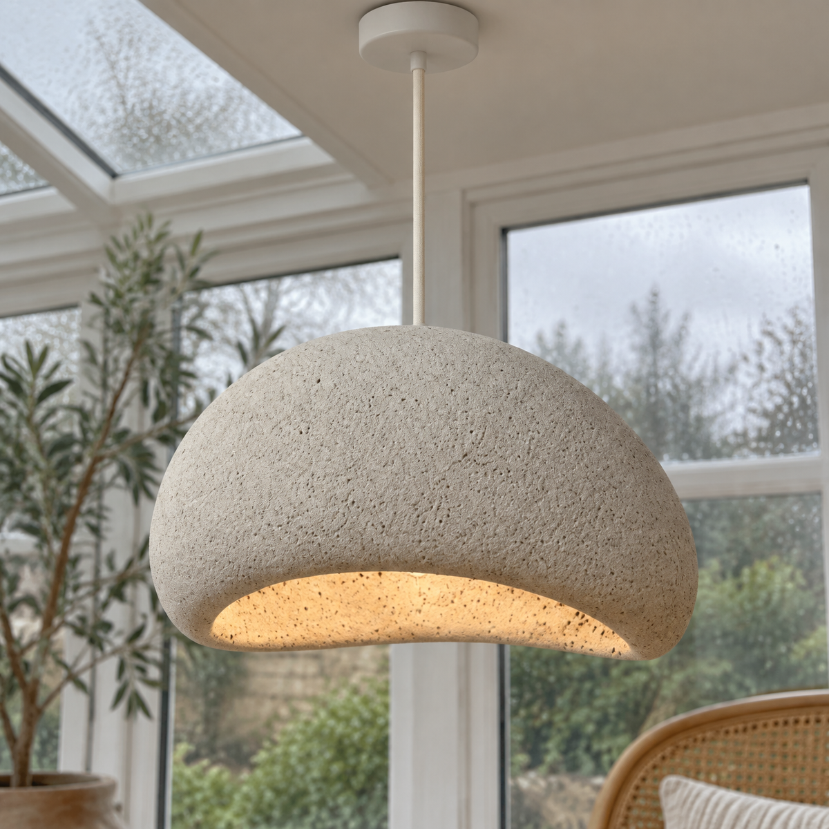 Wabi-sabi textured sand pendant light hanging in a conservatory, terracotta earth-toned shade glowing above a cane chair and potted plant