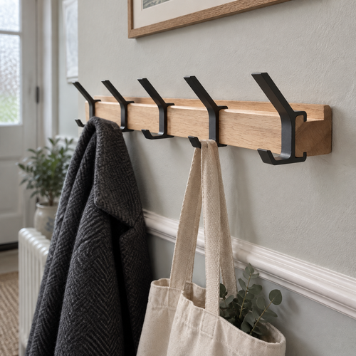 Nordic aluminium wall coat rack mounted level in a hallway with a wool coat and canvas tote hanging from its hooks
