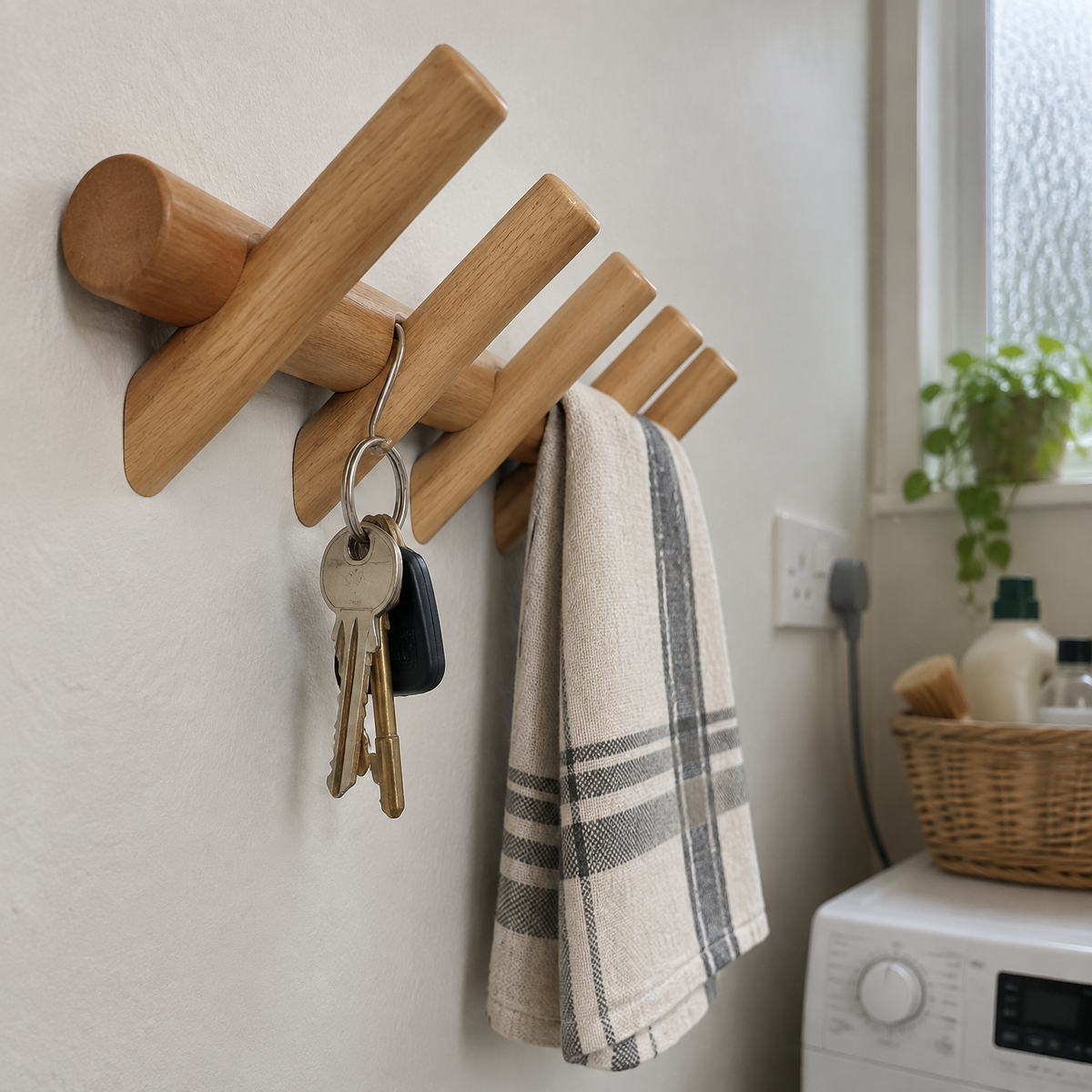 Solid oak wall-mounted organiser fixed level in a utility room, keys hanging from a peg and a tea towel folded over the rail