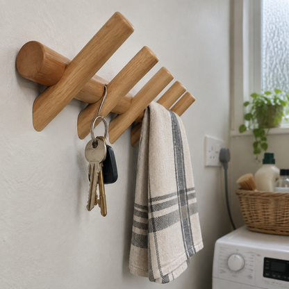 Solid oak wall-mounted organiser fixed level in a utility room, keys hanging from a peg and a tea towel folded over the rail