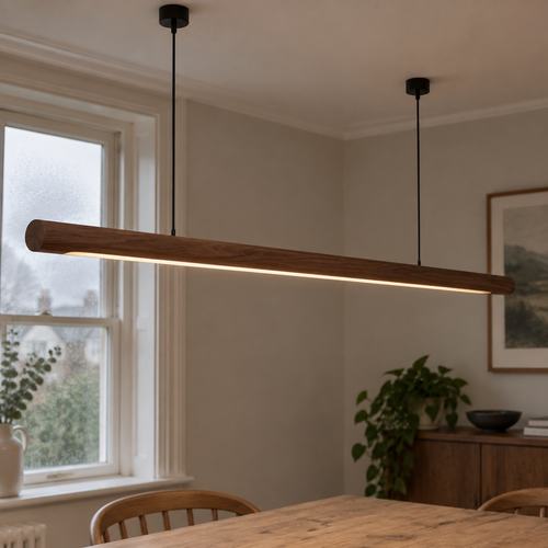 Solid walnut linear pendant light hanging level above a timber dining table, slim wooden bar casting a warm line of light