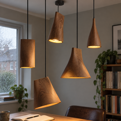 Solid walnut Scandinavian pendant light hanging over a study desk, turned wooden shade glowing above an open notebook