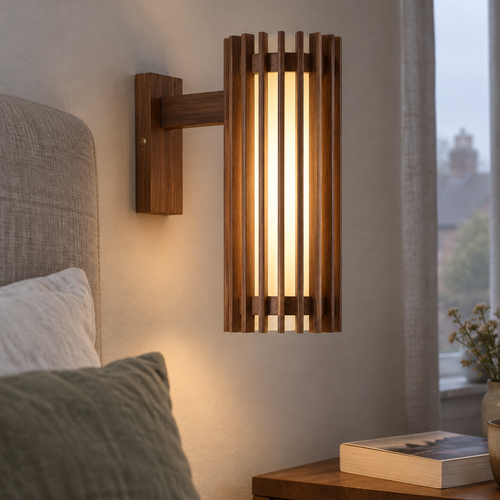 Walnut wood bedside wall lamp fixed beside a linen headboard, wooden arm and shade angled down for reading