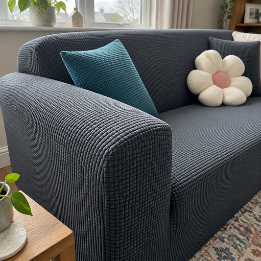 Waterproof quilted sofa cover fitted smoothly over a sitting room sofa arm and seat cushions