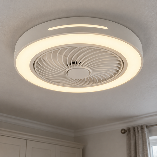 White flush-mount ceiling fan with light fitted tight to a bedroom ceiling, blades level and centre light glowing warm