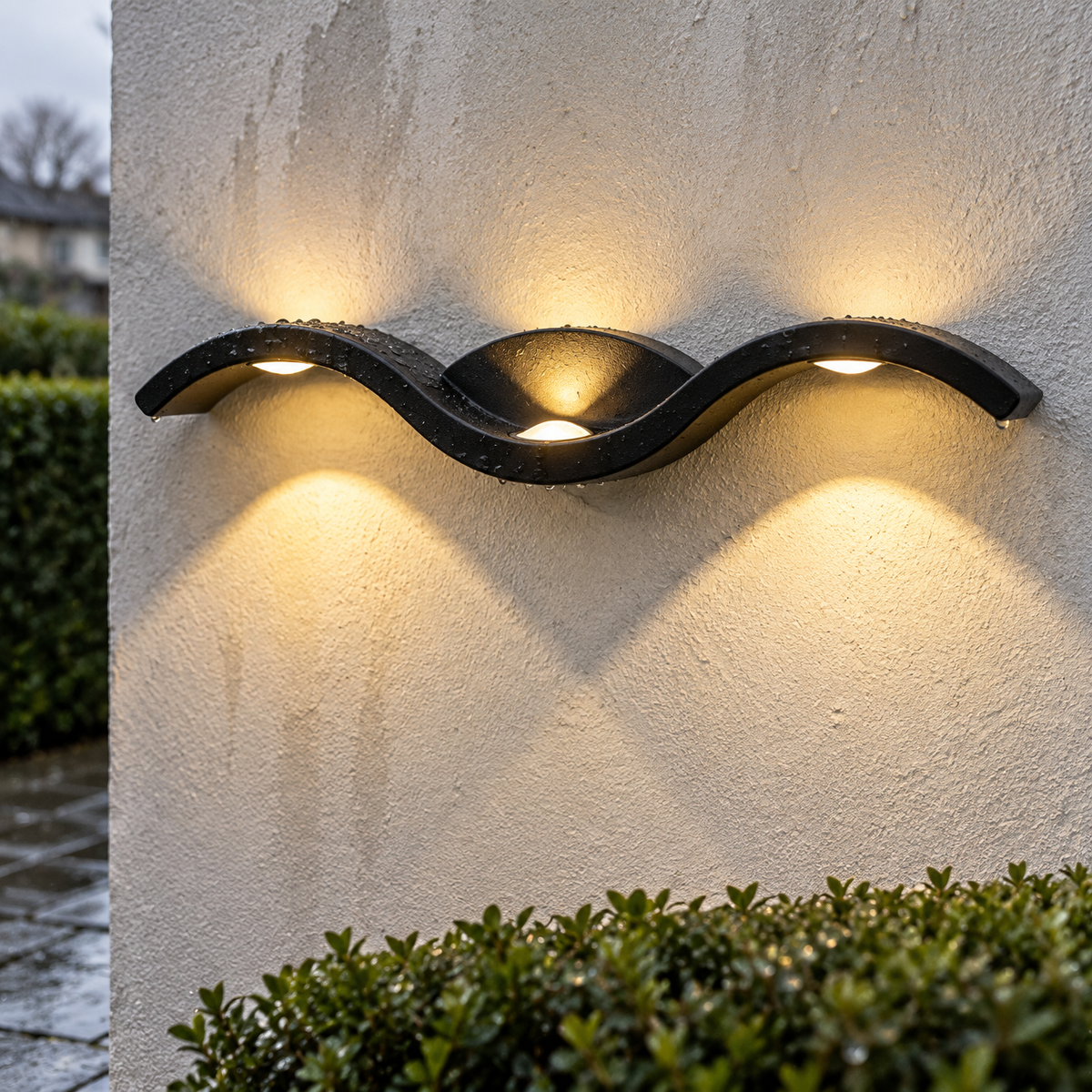 Three-head wave up and down outdoor wall light fixed to a damp rendered garden wall above clipped box hedging