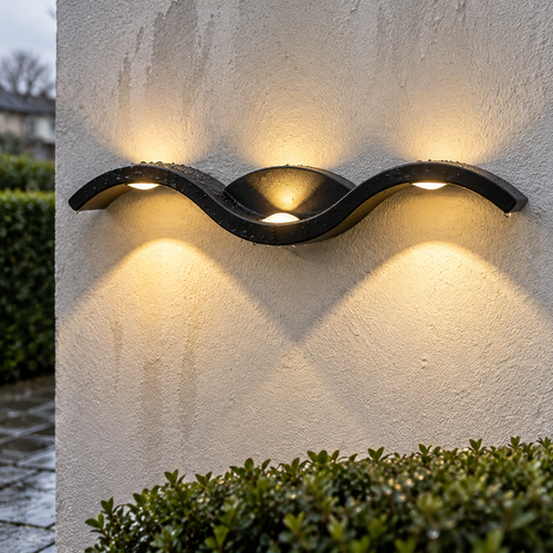 Three-head wave up and down outdoor wall light fixed to a damp rendered garden wall above clipped box hedging