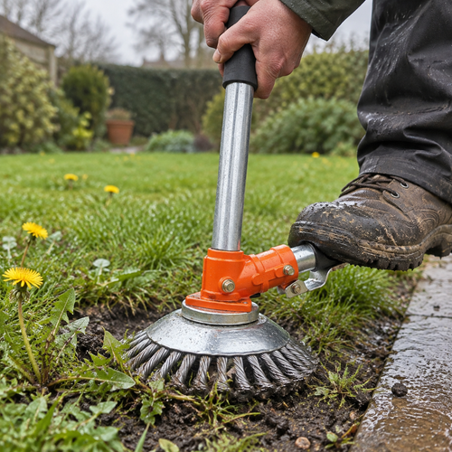 Garden weed remover tool pressed upright into a damp lawn, hands on the handle and a boot on the foot pedal