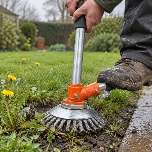 Garden weed remover tool pressed upright into a damp lawn, hands on the handle and a boot on the foot pedal