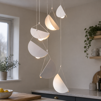 Slim white minimalist linear pendant light hanging level over a kitchen worktop, casting soft even warm light