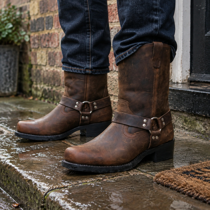 Men's leather harness western boots worn on a wet stone doorstep, jeans hems breaking over the boot shafts