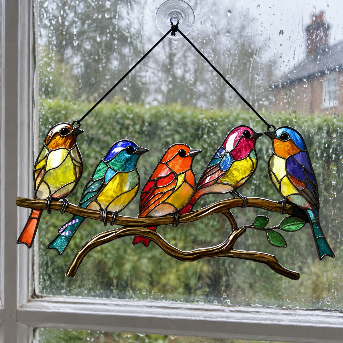 Stained glass bird ornament hanging on a sash window pane, coloured leaded glass catching grey morning daylight