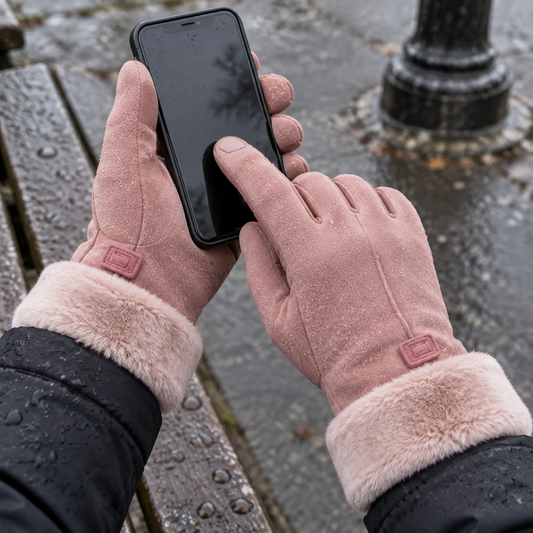 Heated waterproof winter gloves worn on a man's hands as a gloved fingertip taps a phone screen on a damp bench