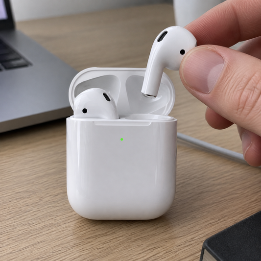 Wireless earbuds and open charging case on a desk, one earbud lifted from its slot between finger and thumb