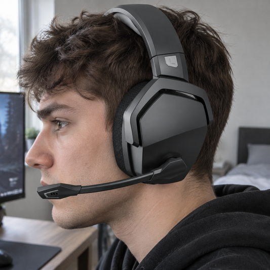 Wireless gaming headset worn on a young man's head with the boom microphone swung down beside his cheek