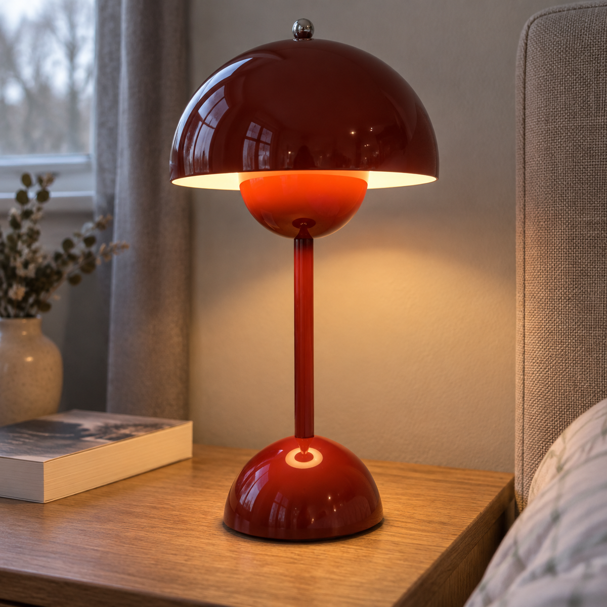 Minimalist cordless table lamp standing on a bedside table beside a paperback, casting a soft warm pool of light