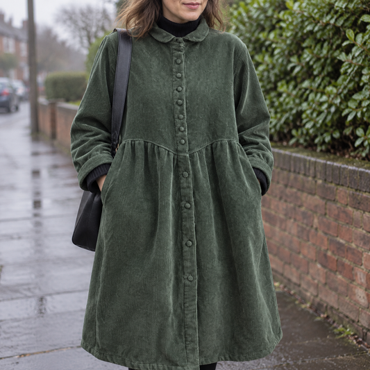 Loose-fit mid-length women's casual coat worn buttoned with hands in the pockets on a misty pavement