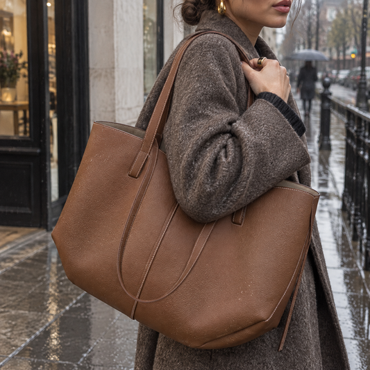 Large leather everyday tote bag carried over a woman's shoulder on a drizzly pavement outside a shop doorway