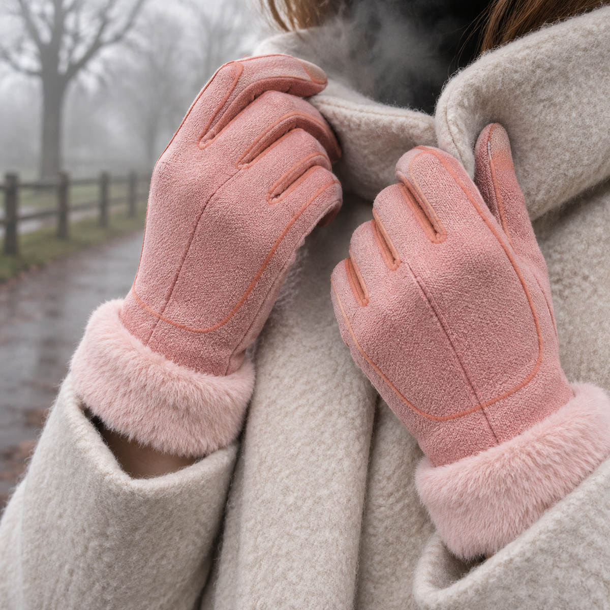 Women's warm touchscreen winter gloves worn as she lifts her coat collar on a foggy park path