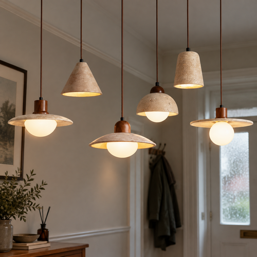 Minimalist wood and stone pendant light hanging in a hallway above a console table, pale stone shade glowing warm