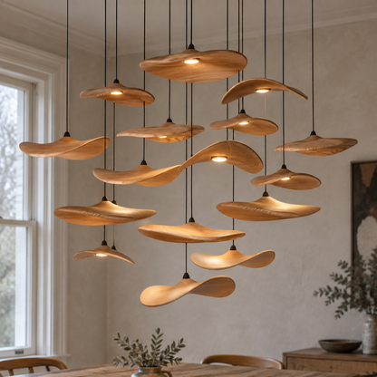 Wabi-sabi Japandi wood chandelier hanging level above a plain timber dining table beside a limewashed wall