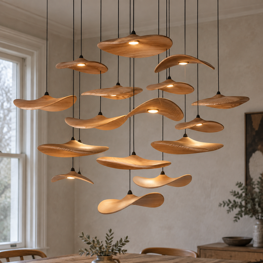 Wabi-sabi Japandi wood chandelier hanging level above a plain timber dining table beside a limewashed wall