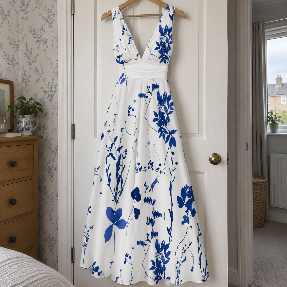 Long floral V-neck maxi dress hanging on a wooden hanger over a bedroom door beside patterned wallpaper