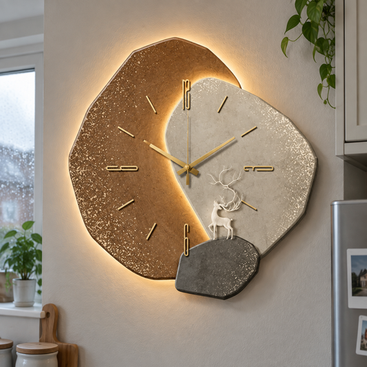 LED backlit wooden wall clock hanging flat on a kitchen wall with a faint glow behind its timber face