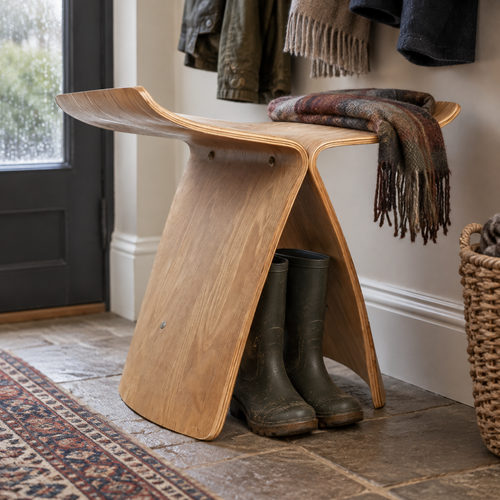 Handcrafted rustic wooden hallway bench with wellington boots tucked underneath and a scarf on the seat