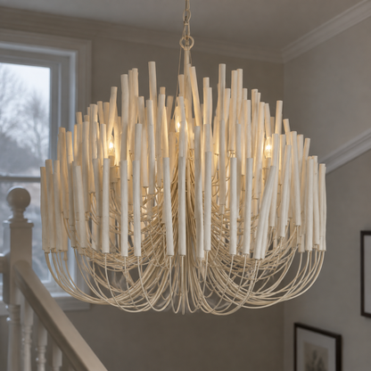 Scandinavian wooden branch chandelier hanging in a stairwell, slim stick arms lit with small warm points of light