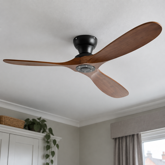 Scandinavian wooden ceiling fan without a light hanging level in a bedroom below plain cornicing
