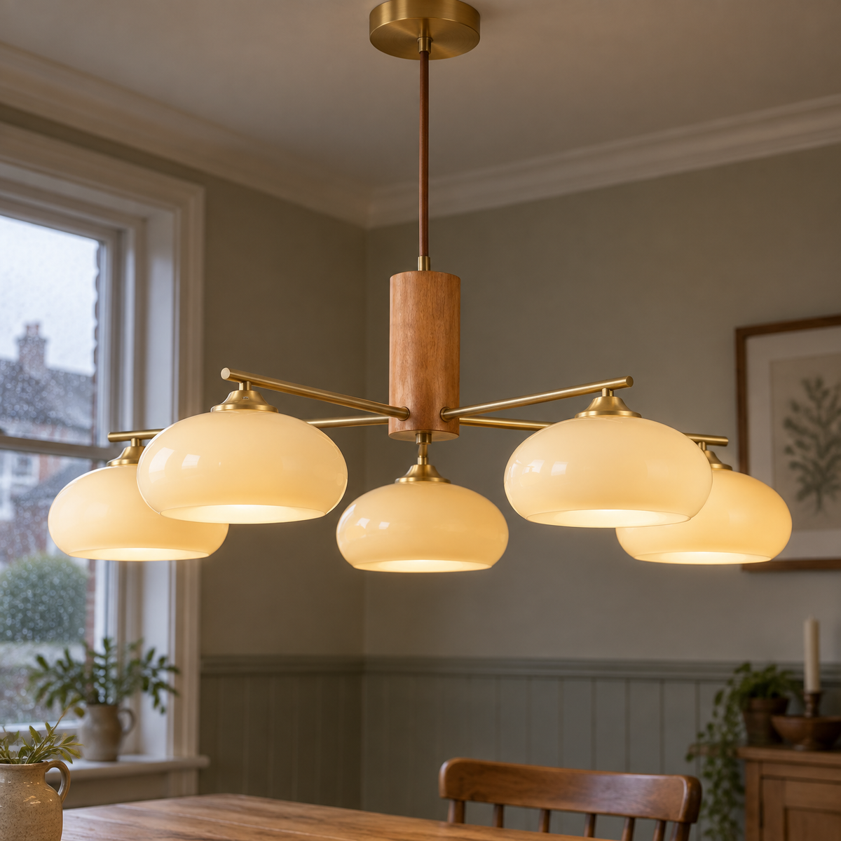 Wooden chandelier with oval glass shades hanging level above a scrubbed pine dining table beside wainscoting