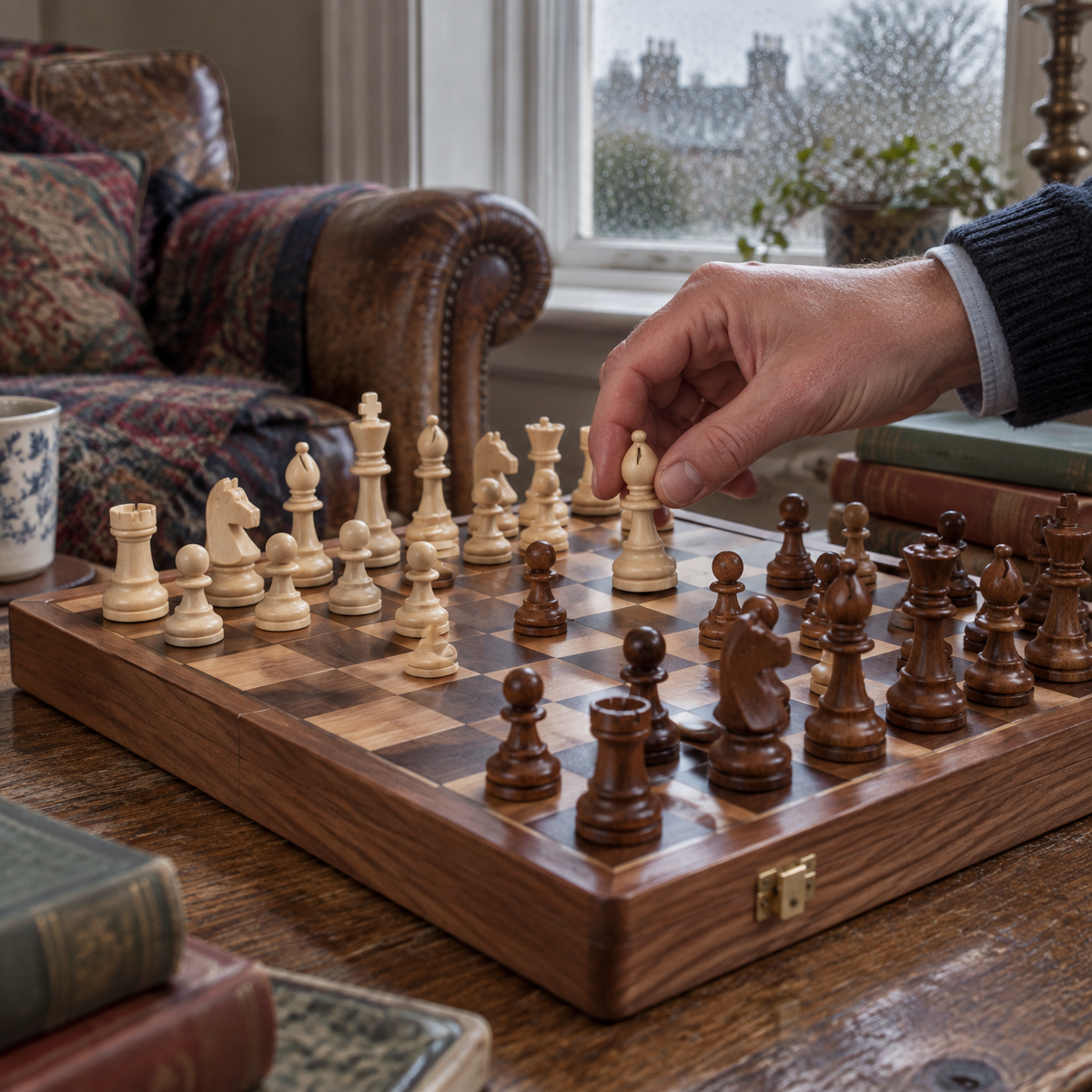 Handmade wooden chess set laid out mid-game on a side table with a hand reaching in to move a piece