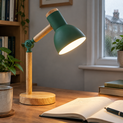 Nordic adjustable wooden desk lamp standing on a study desk with its shade tilted over an open notebook