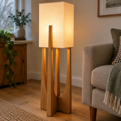 Japanese-style wooden and fabric LED floor lamp standing upright in a sitting room, shade diffusing a warm glow
