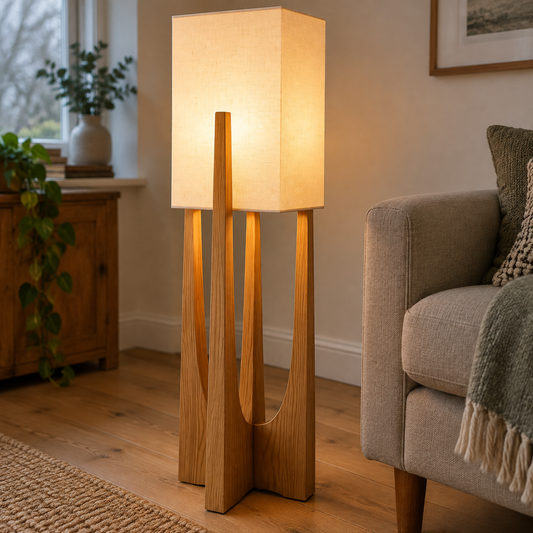 Japanese-style wooden and fabric LED floor lamp standing upright in a sitting room, shade diffusing a warm glow