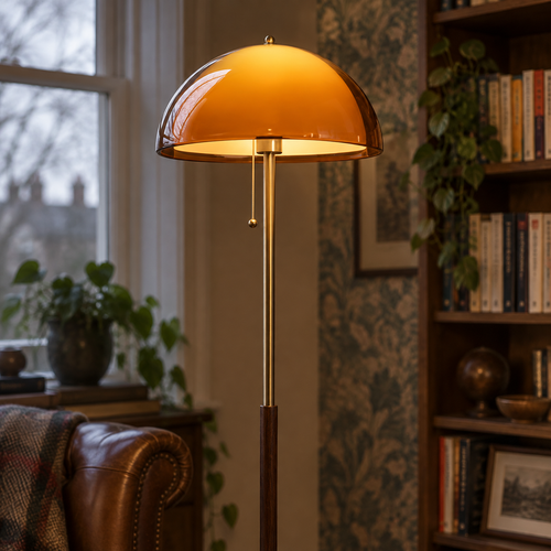 Mid-century walnut floor lamp with amber glass shade standing upright in a study beside a shelf of paperbacks
