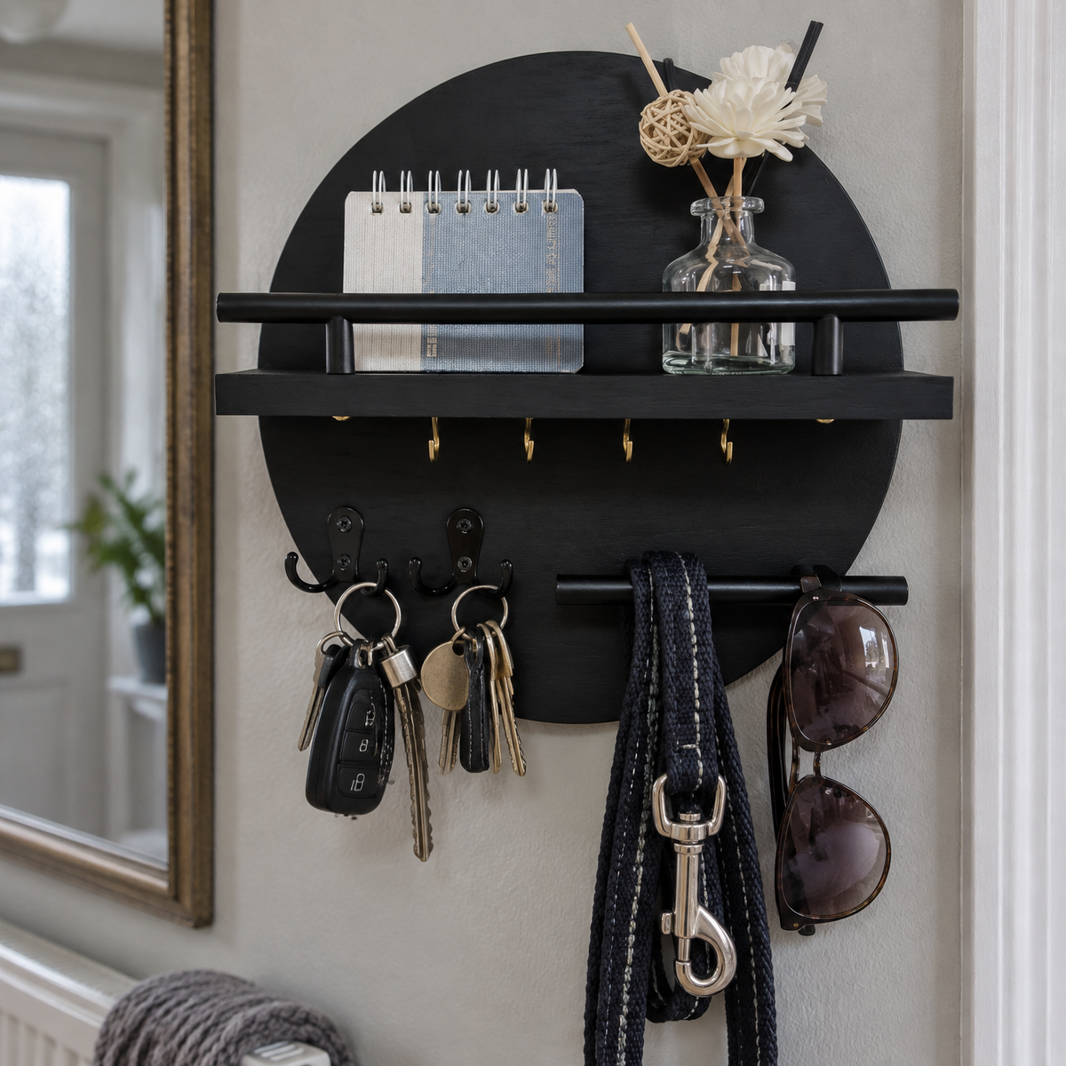 Round wooden wall-mounted key holder in a hallway with house keys and a dog lead hanging from its hooks