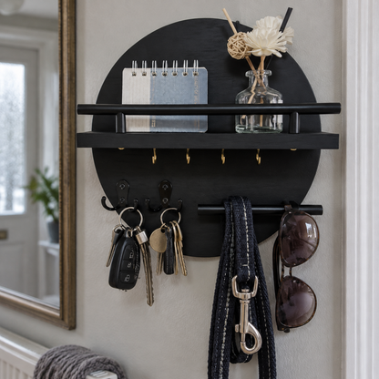 Round wooden wall-mounted key holder in a hallway with house keys and a dog lead hanging from its hooks