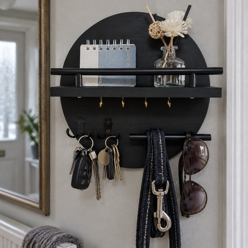 Round wooden wall-mounted key holder in a hallway with house keys and a dog lead hanging from its hooks