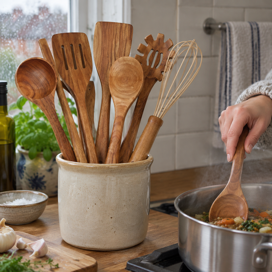 Seven piece wooden kitchen utensil set standing in a worktop crock with one spoon in use stirring a pan