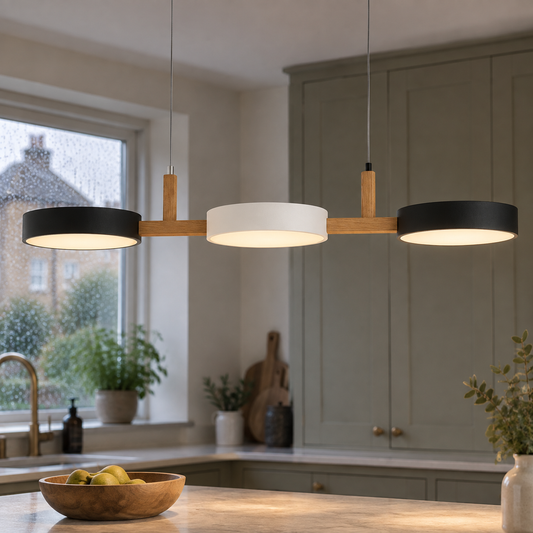 Wooden linear kitchen island pendant with pastel disc shades hanging level above a worktop on a rainy morning