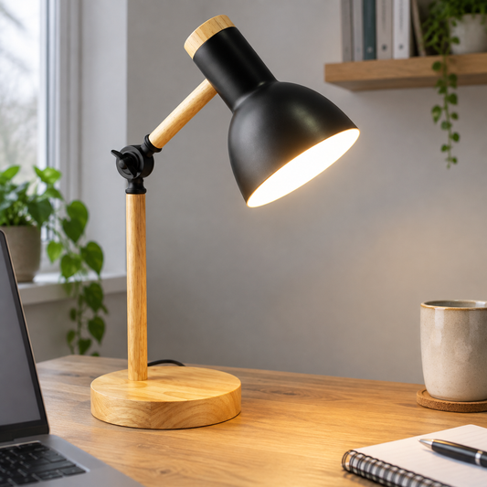 Scandinavian minimalist wooden LED desk lamp standing on a home office desk beside a laptop, head angled down