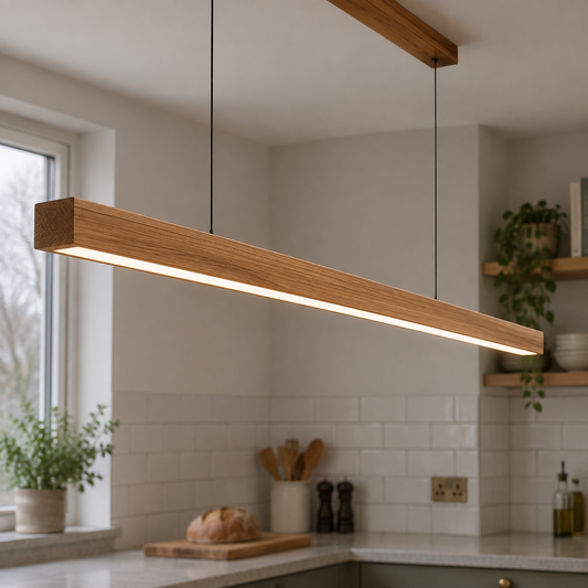 Slim wooden linear LED bar pendant hanging level over a kitchen worktop beside a tiled splashback