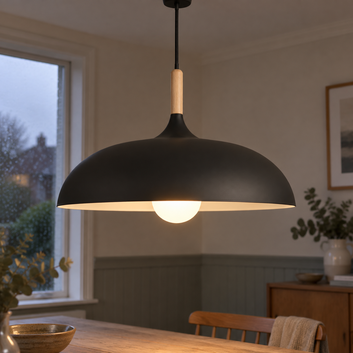 Scandinavian wooden pendant lamp hanging above a scrubbed dining table at dusk, timber shade glowing warm