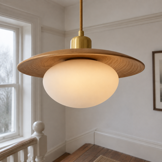 Japandi wooden slatted pendant light hanging on a stair landing, warm glow breaking through the timber slats